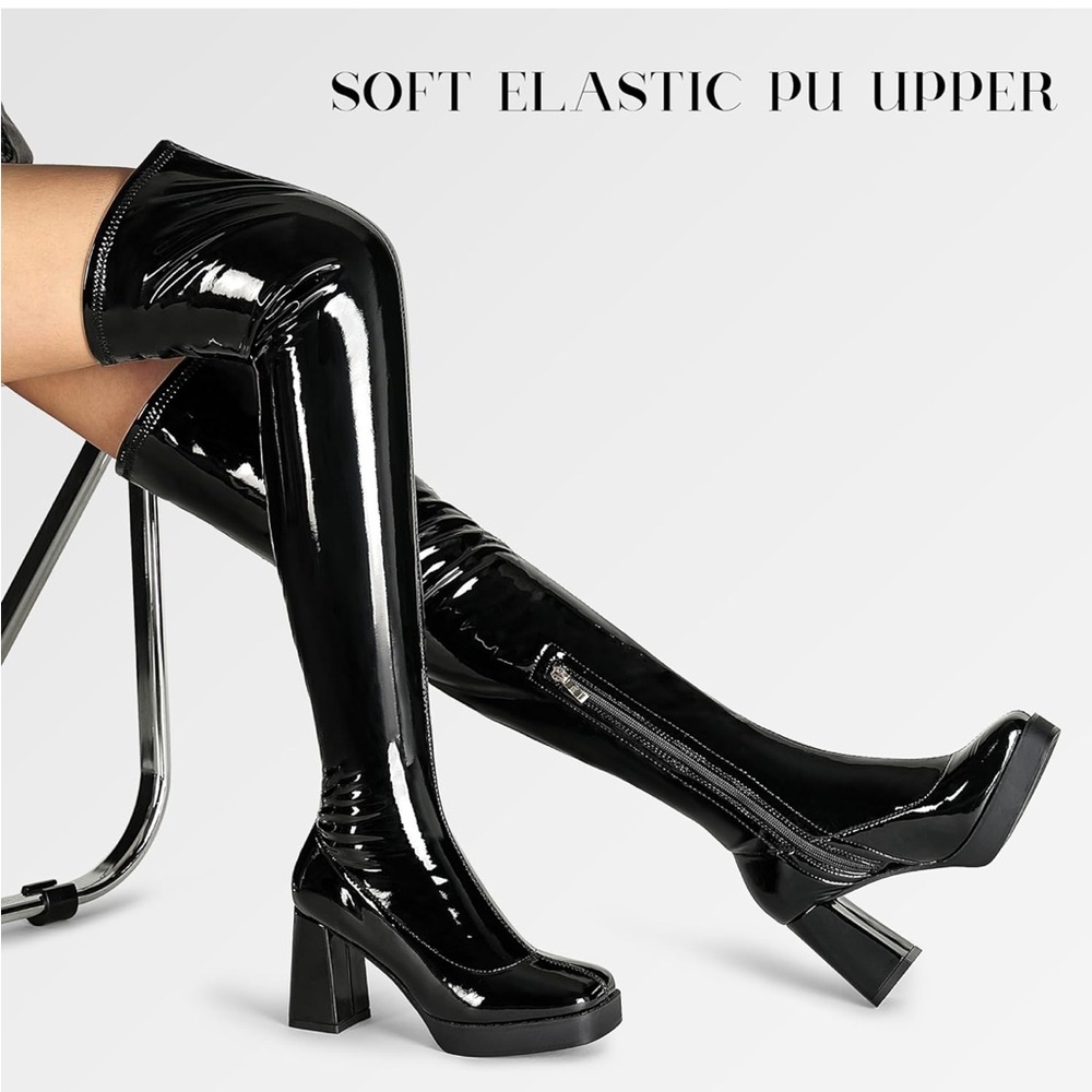 KHPAERMEI Platform Thigh High Boots Women GoGo Boots Square Toe Chunky Heels